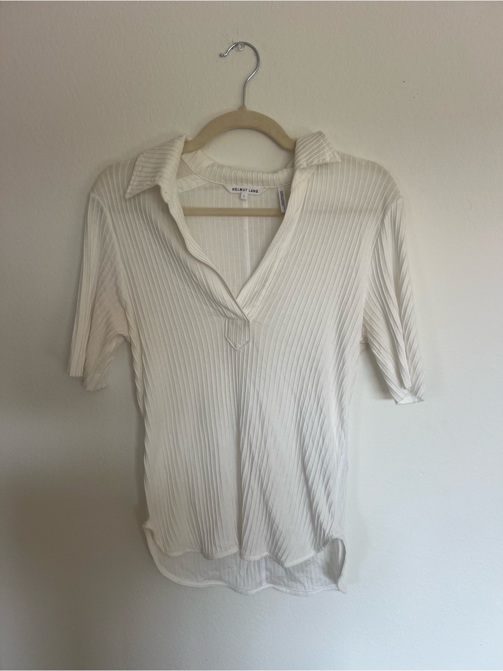 Helmut Lang Cream Ribbed Short-Sleeve Polo Top